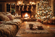 © Ruth - A festive living room decorated for Christmas with a glowing fireplace and stockings.