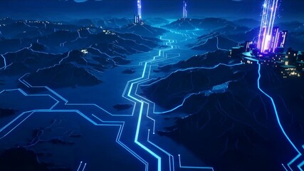 Futuristic digital landscape with glowing blue circuit pathways connecting cities on mountains technology.