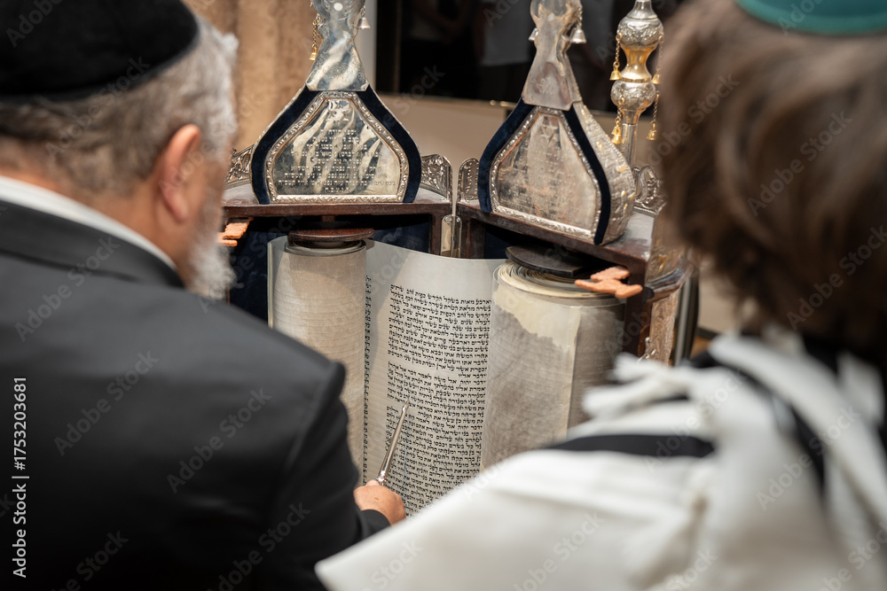 Turag Rabbi rabbi and a boy reading torah for bar mitzvah Stock Photo | Adobe Stock