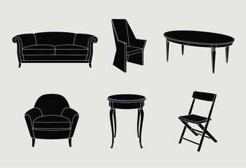 Sleek black vector furniture collection scalable eps icon set for interior design silhouette vector illustration white background