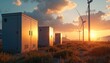 © Pete - Smart battery storage unit near wind turbines and solar panels at sunset. It is future eco tech for clean power, smart grid solutions, alternative energy source and sustainable development.