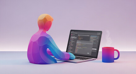Colorful 3d developer coding on laptop with a cup of coffee, working from home, programming and software development