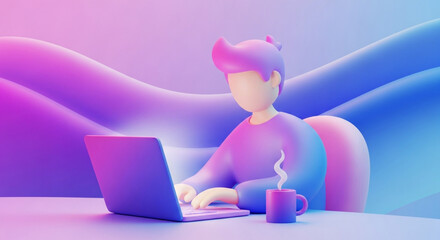 Colorful 3d developer coding on laptop with a cup of coffee, working from home, programming and software development