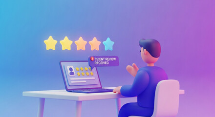 Customer review message on laptop with five star rating and client satisfaction feedback concept on blue background