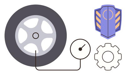 Wall Mural - Car tire connected to a pressure gauge, gear symbolizing mechanical work, and shield representing protection. Ideal for vehicle maintenance, safety, repair services, engineering, transportation