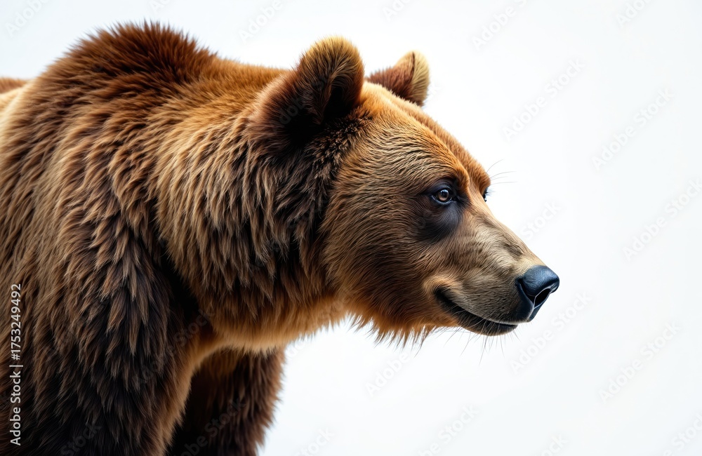 Large brown bear portrait in profile. Majestic wild animal features thick brown fur, dark eyes, strong snout. Stands isolated against clean white background. Grizzly bear looks alert, powerful.
