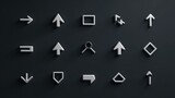 Minimalist 3D Icons: A Collection of White Arrows and Geometric Shapes on Dark Background
