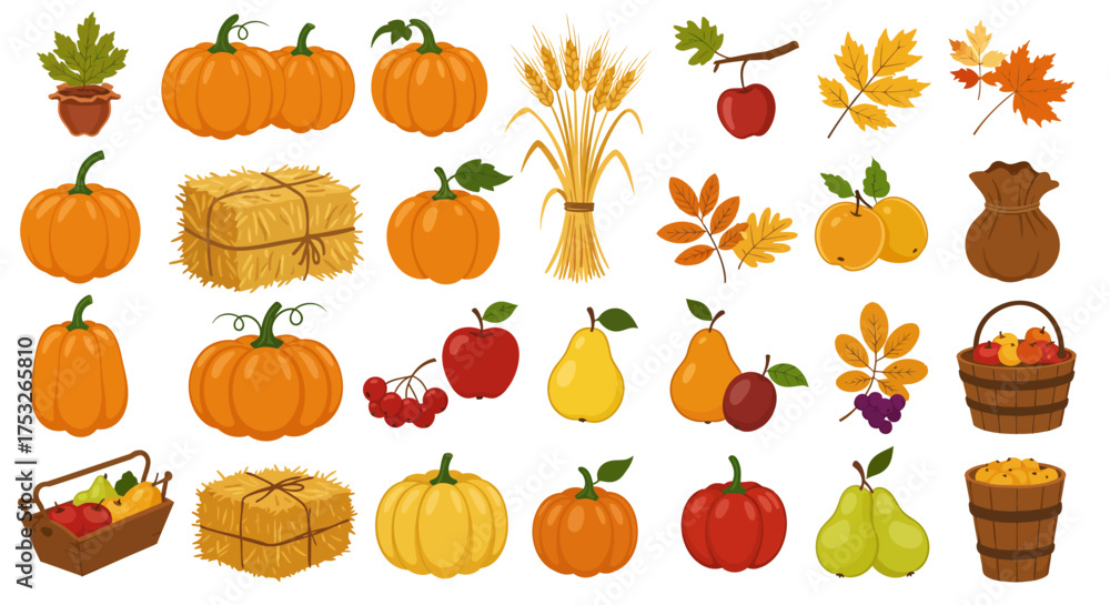 Autumn harvest collection with pumpkins, fruits, and leaves in flat design