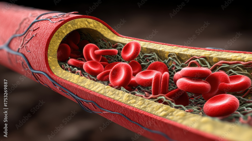 Detailed cross section of artery shows red blood cells flowing through ...