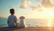 © Pete - Young boy sits peacefully on wooden dock gazing at expansive ocean panorama. Small fluffy dog rests beside enjoying sunset view. Scene evokes tranquility, friendship with soft golden light