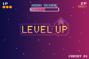 Wall Mural - LEVEL UP icon, pixel art. 8 bit game. Retro Futurism Sci-Fi Background. glowing neon grid. and stars from vintage arcade computer games