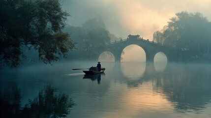 Wall Mural - early morning river, enveloped in thin mist, soft blue dawn sky, gentle sunlight piercing through fog with golden rays, tranquil waters reflecting light, slow-moving small traditional boat
