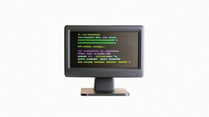 A retro computer monitor displaying green binary code on a white background.