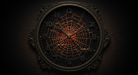 Intricate Clock Face with Spiderweb Design and Ornate Frame.