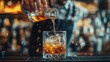 © medalinebow - Bartender Skillfully Pouring Liquor into Glass Surrounded by Ice and Splashes at a Busy Bar Setting