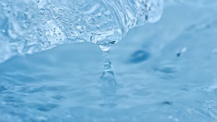 Wall Mural - Intricate slow motion detail of clear meltwater dripping from ancient glacier ice, creating small, delicate splashes melting, thaw, clear meltwater