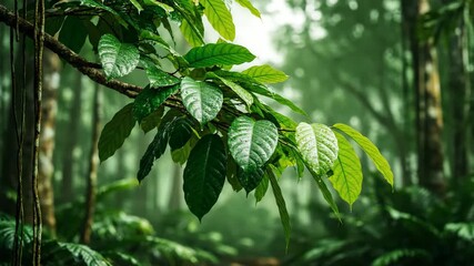 Wall Mural - Lush jungle foliage on a tree branch swaying gently in the slow motion breeze wind, tropical, branches