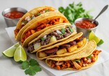 Authentic Mexican street tacos trio — chorizo, potato, and bean tacos on corn tortillas with lime