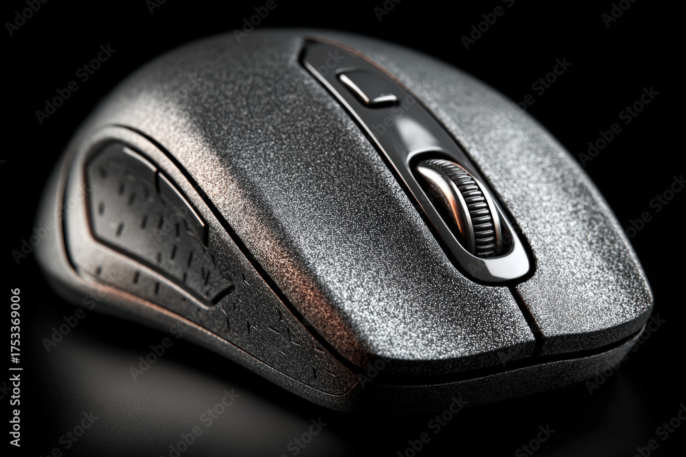 Mouse Label Texture Wireless mouse in three-quarter view with soft shadow and visible micro ...