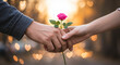 © Iryna - Couple holding hands with a rose, love and romantic gesture in warm daylight with heart bokeh