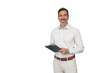 © PeopleVideos - Smiling professional man holding a modern tablet, planning digital strategy, standing confidently. Transparent background