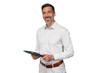 © PeopleVideos - Smiling man standing and holding a digital tablet, conveying professionalism, success, and business expertise. Transparent background