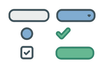Modern set of user interface elements including buttons, radio buttons, checkboxes, and a checkmark icon