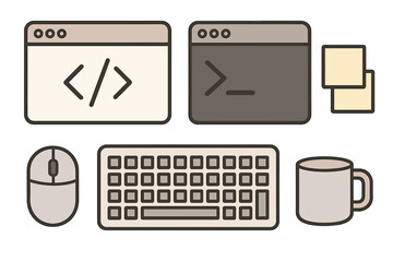 Developer workspace setup with code window, terminal interface, keyboard, mouse, and coffee mug
