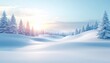 © Naufal F - Vast serene winter landscape with smooth snow-covered hills and distant pine forests glowing in soft sunrise light