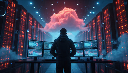 System admin oversees cloud servers in data center. Engineer monitors network safety. Man works with computer screens. Person ensures smooth functioning. Technician manages infrastructure. Digital