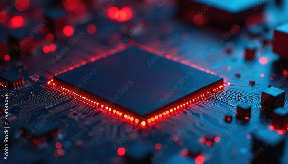 Processor Visual Image Red Central processor glows with red light on computer circuit board. Cpu ...