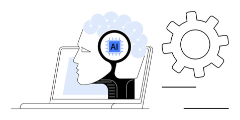 Wall Mural - Human profile with AI microchip and neural connections, laptop, and gear. Ideal for AI, technology, innovation, machine learning, automation future digital transformation. Simple flat metaphor
