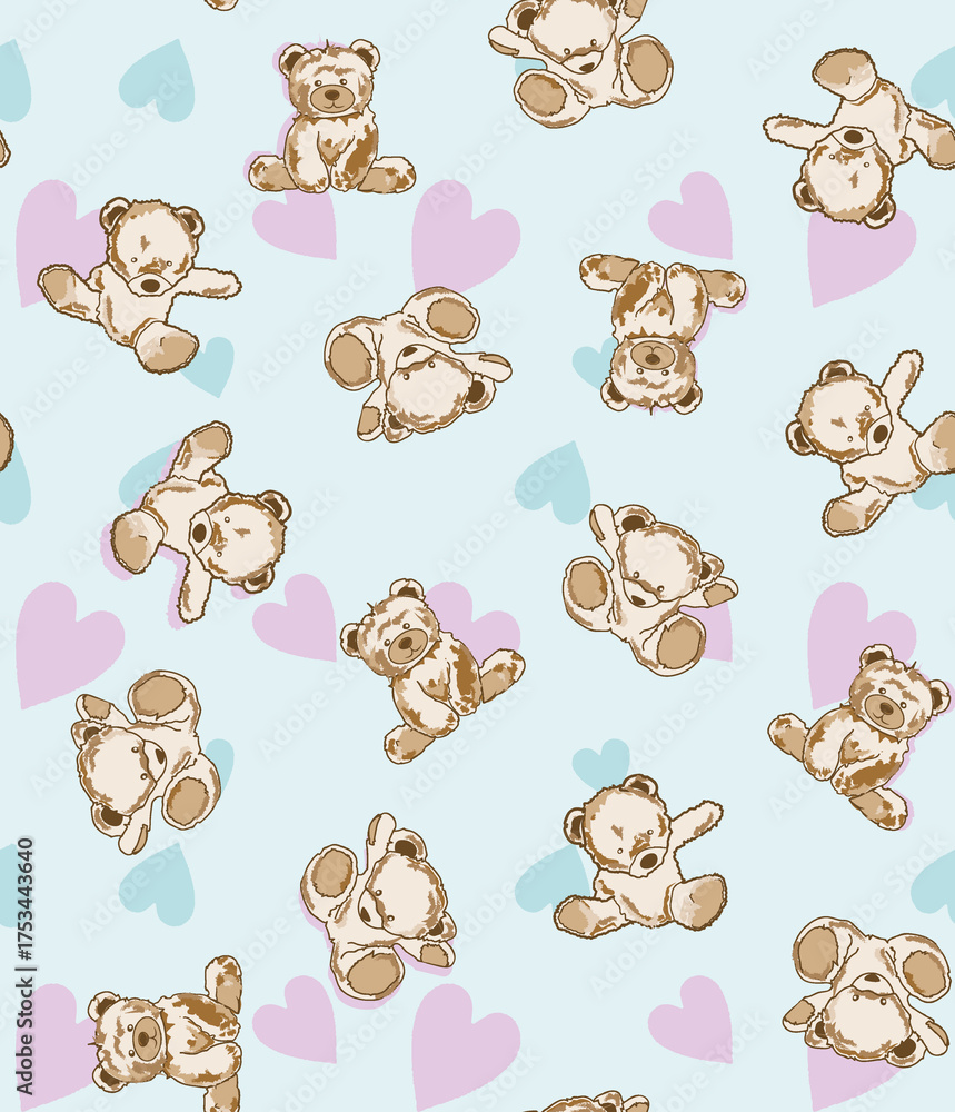 Cute teddy bear seamless pattern. Hand-drawn baby toy animal background ...