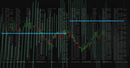 Wall Mural - Displaying candlestick chart overlaying data columns on monitor, with blue threshold lines