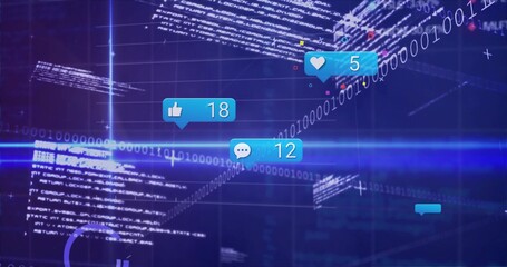 Wall Mural - Showing social media notification icons floating on virtual interface with code text binary streams