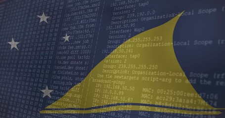 Wall Mural - Displaying monospaced network code on dark blue backdrop, with yellow curve and white star icons