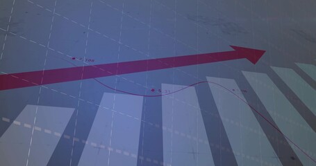 Wall Mural - Displaying dynamic red arrow trending upward on virtual dashboard, with bar columns and grid lines