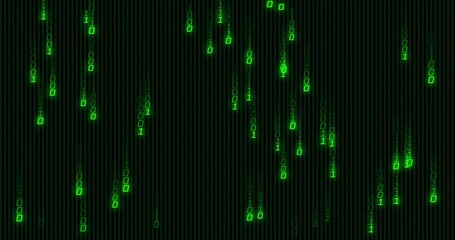 Wall Mural - Streaming green binary digit streams cascading across dark grid panel, with neon code visualization