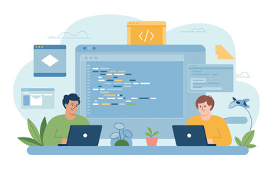 Diverse team collaborating on software development projects with laptops and code screens