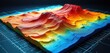 © miss irine - 3D terrain rendering displays subsurface data visualization. Heatmap colors show geological survey results. Model represents topography with digital elevation map. Simulation of landscape explores