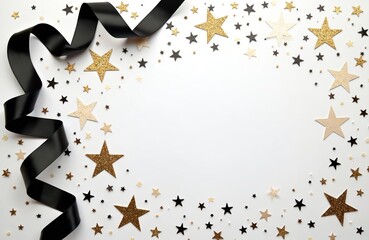 Wall Mural - Gold and black glitter stars adorn white surface with black ribbon. Festive abstract background for holiday, party, event design. Celebration, fun, bright elements scattered randomly.
