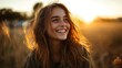 © aulaiphon - Joyful woman smiling at sunset open field portrait warm atmosphere close-up happiness and freedom