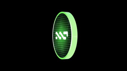 A digital holographic style 3D spinning cryptocurrency coin revealing the shape of the icon in glowing lines and with pulsing digital grid details. With alpha for easy overlay and drag and drop.

