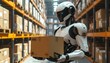 © SpacePhotos - Futuristic humanoid robot holding cardboard box in automated warehouse — artificial intelligence, robotics in logistics, smart industry, supply chain automation concept. 1