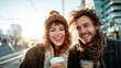 © JoxyAimages - A joyful couple smiles widely while sipping their drinks in a vibrant urban environment, capturing the spirit of companionship and the joy of shared moments.