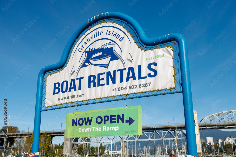 Granville Island Boat Rentals sign with blue frame showing boat logo ...