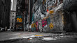 © Malinda - Weathered Concrete Wall Corner Covered in Colorful Graffiti in Gritty Urban Alley