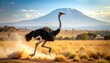 © Bar - A running ostrich kicks up dust in front of a hazy mountain backdrop under a bright blue sky. The savanna is bathed in golden sunlight
