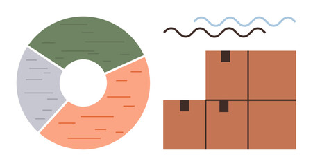 Wall Mural - Multicolor segmented pie chart paired with stacked brown boxes and abstract wavy lines. Ideal for logistics, data analysis, business planning, inventory, organization, process flow, and teamwork