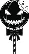 © Sneha - Spooky halloween pumpkin face lollipop with a bite mark and a bow on a striped stick